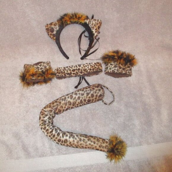 5 Piece Plush Leopard Kitty Cat Costume Headband Cuffs Tail Choker Cosplay - Picture 5 of 6